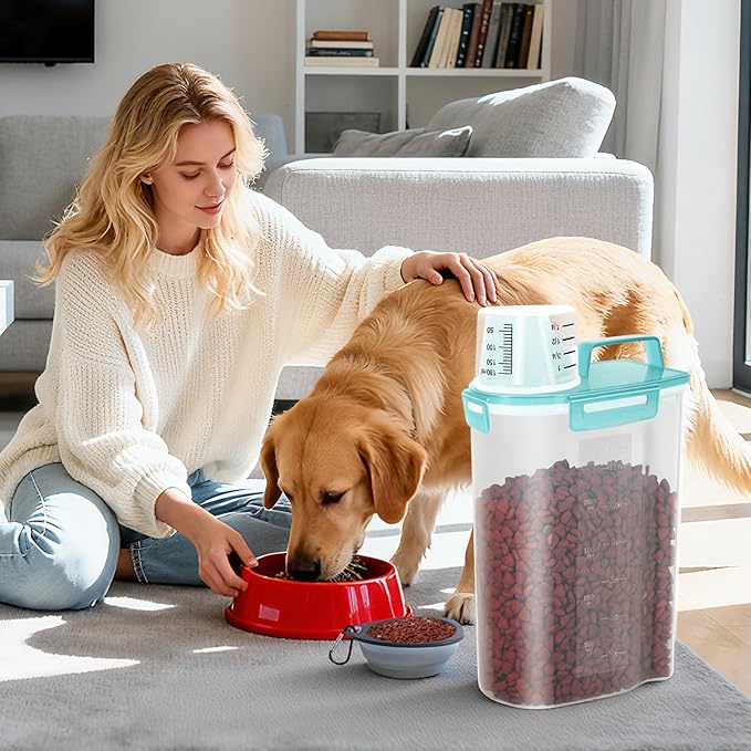 LEAWALK 3-5Lbs Airtight Small Cat Dog Pet Food Storage Containers BPA Free, with Large Pour Spout/1 Measuring Cup/ 4 Safety Locks and Double-layer Silicone Strip (Clear Blue 2Pack)