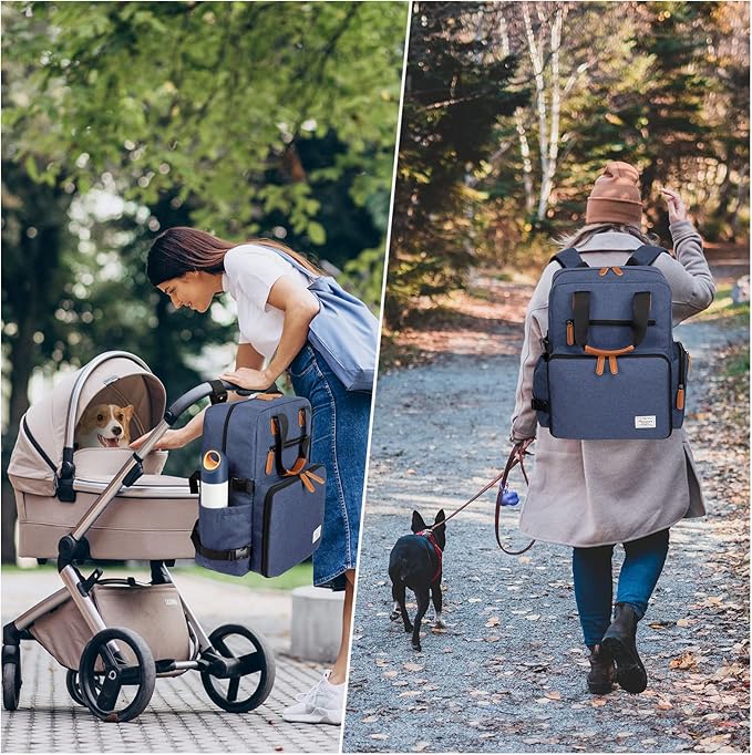 Modoker Dog Travel Bag, Airline Approved Backpack for Pet Accessories Organizer, Tote Weekend Bag with 2 Food Storage Containers, 2 Collapsible Dog Bowls, 1 Pet Mat, Blue