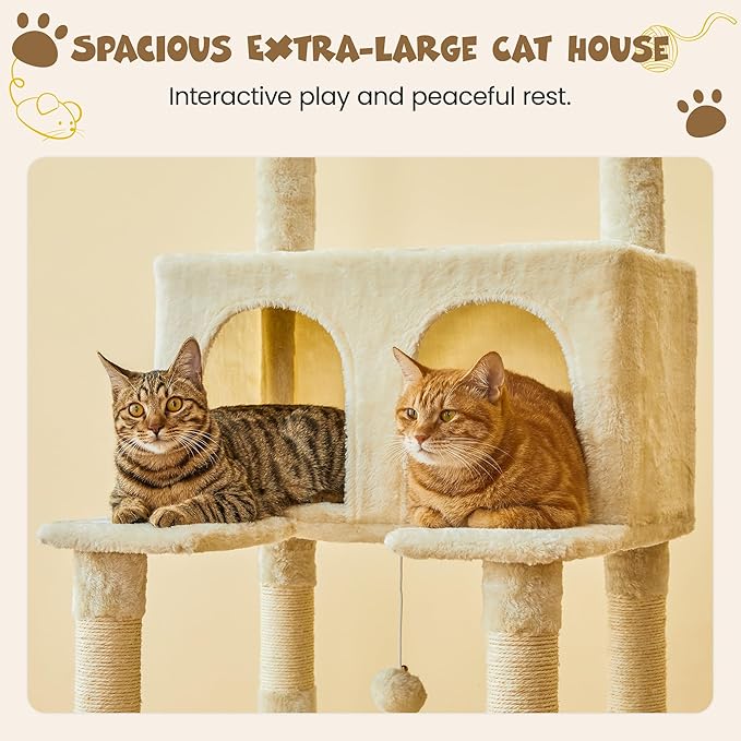 MWPO 74.8 inches Large Cat Tree with Sisal-Covered Scratching Posts & Condo, Tall Cat Tower Entertainment Playground Furniture for Cats & Kittens - Multiple Colors-Beige