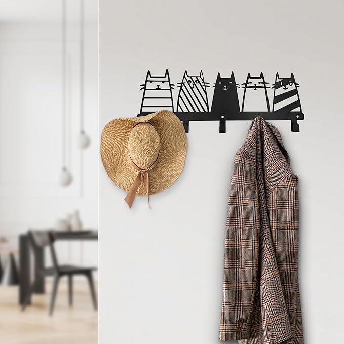 Aimery Metal Cat Coat Hooks Wall Art Decor – Chic Black Key Holder -Coat Hanger Wall Mount – Multipurpose Wall Hooks for Storage, Living Room, Hallway, Office (Black)