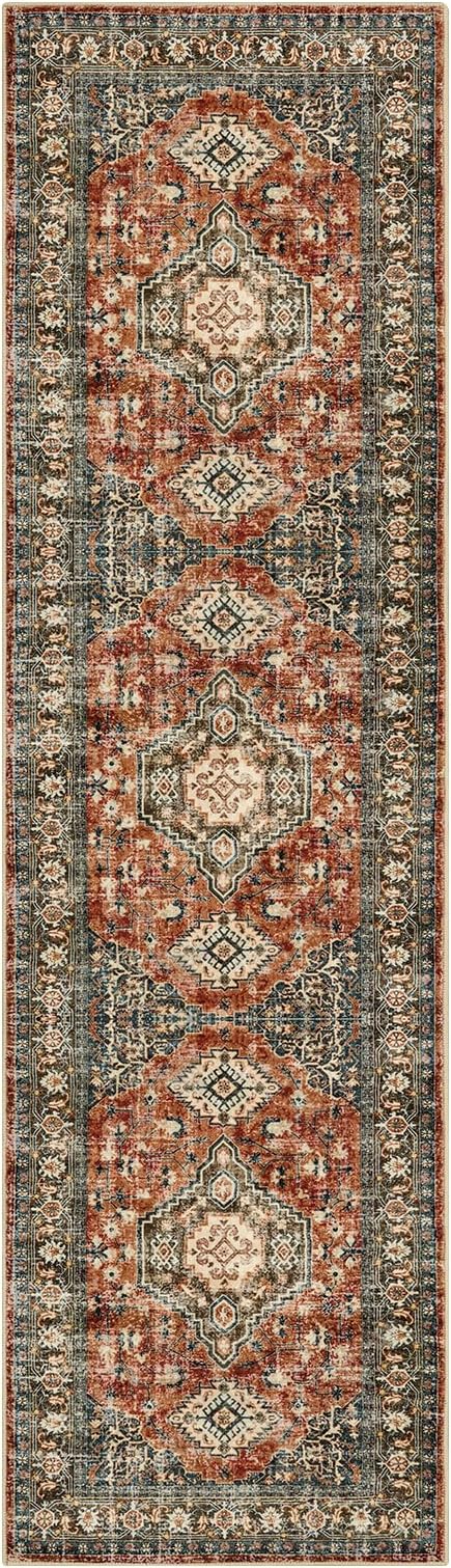 Lahome Oriental Washable Runner Rug Non Slip, 2x7 Rug Runners for Hallways Kitchen, Ultra-Thin Hallway Rugs for Laundry Room Bathroom Bedroom Eleanor, Brick Red