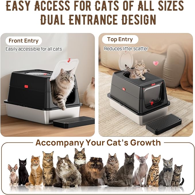 Stainless Steel Cat Litter Box with Lid, 180° Flip Top Kitty Litterbox, XL High Sided Enclosure Litter Pan for Big Cats, Front & Top Entry, Anti-Leakage, Odor-Free, Includes Scoop Mat, Black