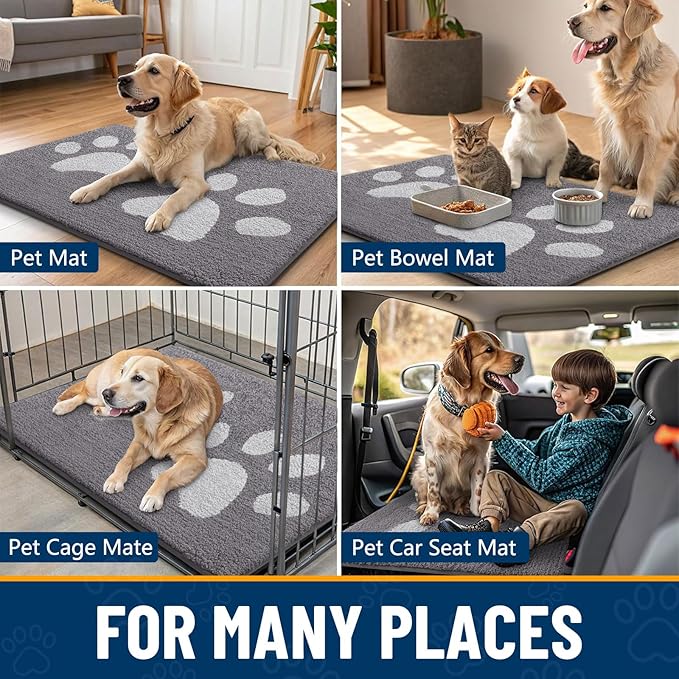 Smiry Dog Door Mat for Muddy Paws, Absorbs Moisture and Dirt, Low-Profile Entryway Mat with Non-Slip Backing, Entry Indoor Outdoor Doormat for Inside Floor (47x24 Inches, Light Grey, Paw)