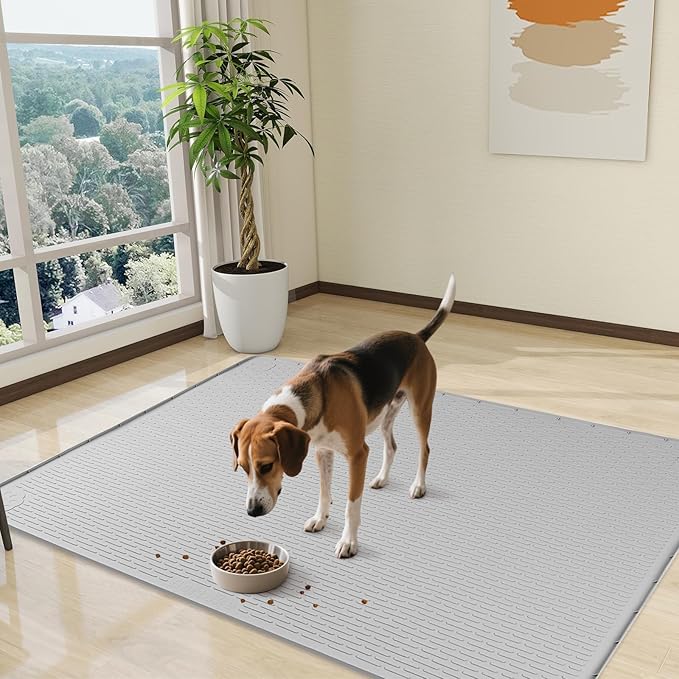 Bartuke Dog Food Mat, Extra Large 50" x 35" Silicone Pet Feeding Mat with Raised Edge Pet Placemat for Small, Medium, and Large Pets Non-Slip, Easy to Clean (Grey)
