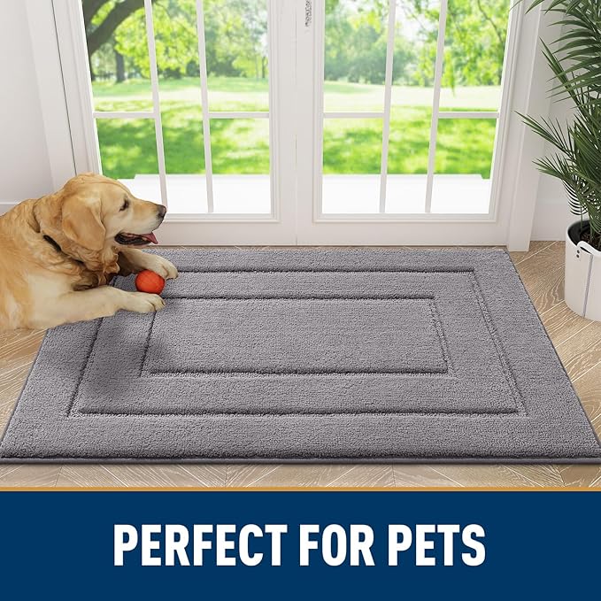 Smiry Dog Door Mat for Muddy Paws, Absorbs Moisture and Dirt, Low-Profile Entryway Mat with Non-Slip Backing, Entry Indoor Outdoor Doormat for Inside Floor (36x24 Inches, Grey, Bordered)