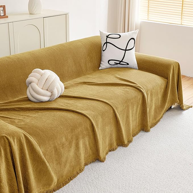 hyha Couch Cover for Dogs, Boho Sofa Covers for 3 Cushion Couch Washable, Chenille Sofa Slipcover for Pets, Soft Loveseat Sectional Couch Throw Blankets with Tassels (Yellow, 88.5x150 Inch)