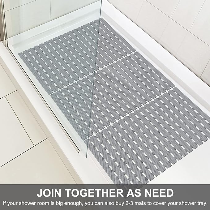 Yolife Quick Drain Shower Mat, 24.8 x 15.8 inch Power Grip Shower Mat Non Slip, Raised Non Slip Shower Mats for Inside Shower, Heavy Duty Curlable Stand up Shower Floor Mat,Grey
