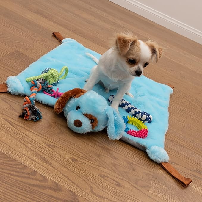 Puppy Play Mat with Toys for Small Breeds - Blue, 23”x20” - Multi-Functional Interactive Toy and Sleeping Pad with Detachable Dog Toys for Small Dogs to Keep Busy, Puppy Gifts for New Owner