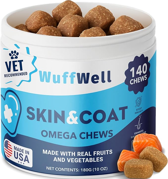 Omega 3 Fish Oil for Dogs Chews – Skin and Coat Supplement with Salmon Oil for Dogs – Allergy & Itch Relief, Dog Shedding and Dry Skin Support – Vet Approved – Made in USA – 140 Soft Chews