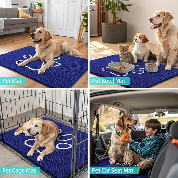 Smiry Dog Door Mat for Muddy Paws, Absorbent Dirt Trapper Non Slip Quick Dry Washable Chenille Mat for Mud Dogs, Entry Rug for Indoor and Outdoor (47x24 Inches, Navy Blue and White)