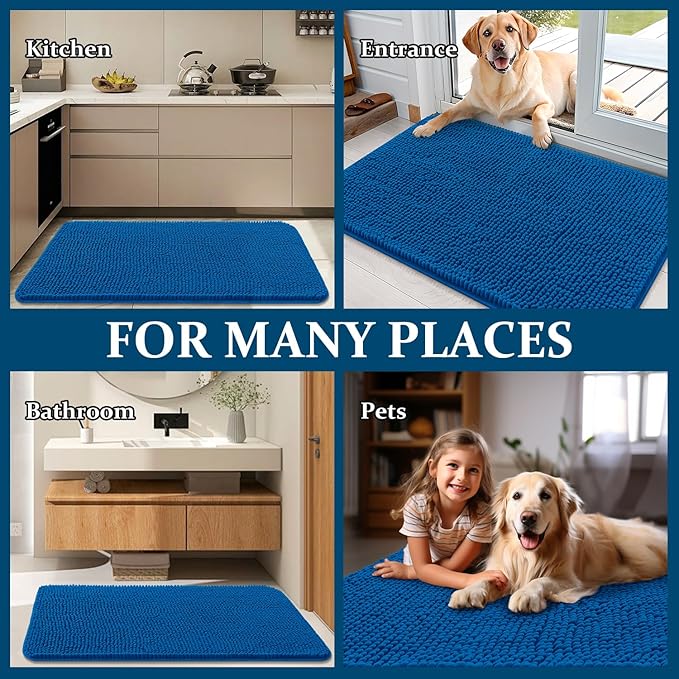 OLANLY Dog Door Mat for Muddy Paws 59x20, Absorbs Moisture and Dirt, Absorbent Non-Slip Washable Doormat, Quick Dry Chenille Mud Mat, Entry Indoor Entryway Carpet for Inside Floor, Deep Navy Blue