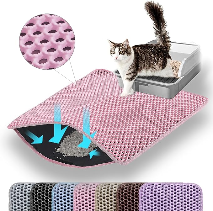 Small Cat Litter Mat, 20x14 Inches Double Layer Honeycomb Cat Litter Trapping Mat, Non Slip Waterproof Urine Proof Litter Box Mat for Floor, Kitty Litter Rug, Pet Supplies, Pink