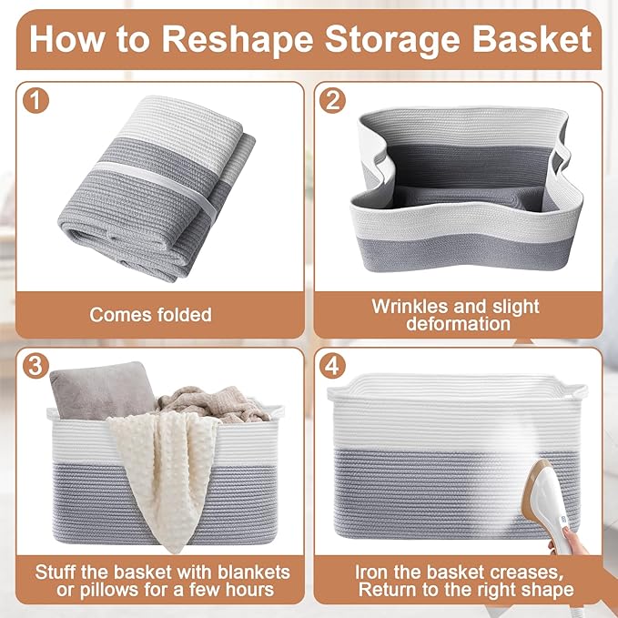 75L Large Blanket Basket, Rectangular Cotton Rope Basket, Laundry Hamper for Blankets, Pillows, Extra Large Toys Storage Bins for Kids, Dogs 22" x 17" x 12", White & Gray