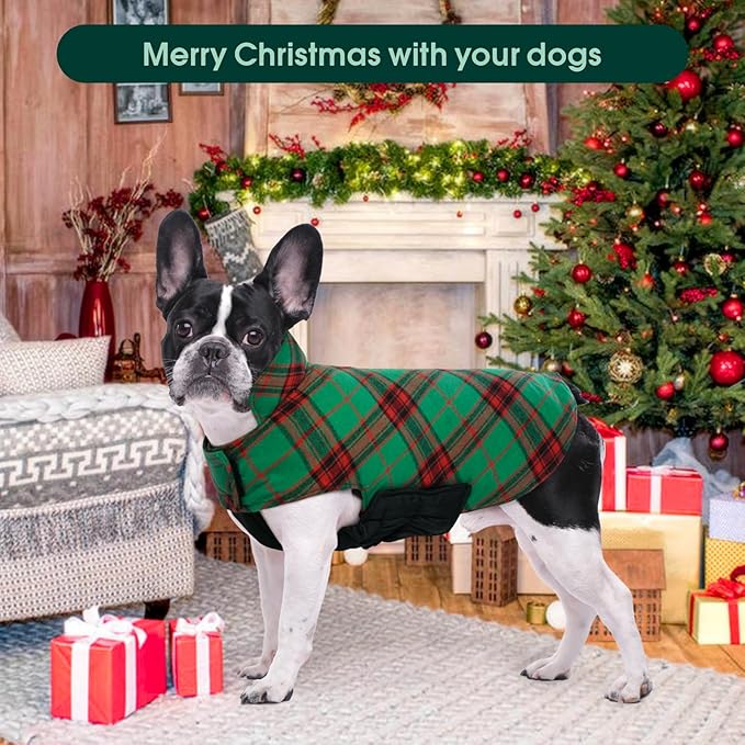 Kuoser Waterproof Dog Coat, Reversible Dog Jacket for Small Dogs, Adjustable Durable Doggie Winter Coat Warm Cozy Puppy Cold Weather Apparel from Small to Large Breed, Christmas Green S