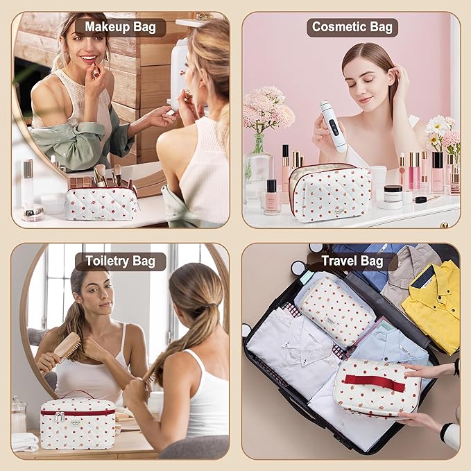 TOPEAST Christmas Gifts for Women Girls - 3Pcs Makeup Bag Large Cotton Travel Make Up Organizer, Quilted Toiletry Pouch Portable Cosmetic Bags with Compartment, Strawberry