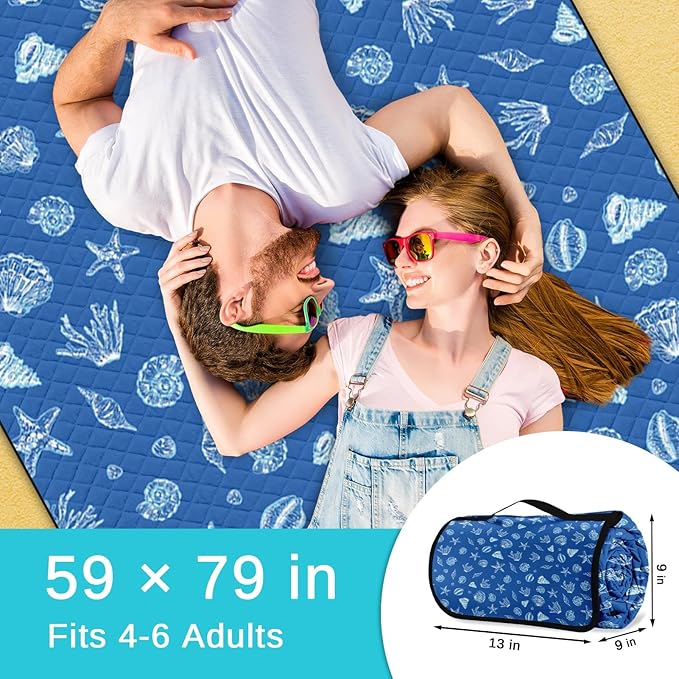 Waterproof Picnic Outdoor Blanket, 79" x 59" Sandproof Foldable Large Picnic Blanket for Beach, Camping, Park, Travel, Concert, Great Gift for Families and Couples (Blue Sea Shells)
