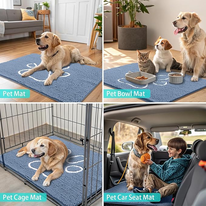 Smiry Dog Door Mat for Muddy Paws, Absorbent Dirt Trapper Non Slip Quick Dry Washable Chenille Mat for Mud Dogs, Entry Rug for Indoor and Outdoor (40x32 Inches, Airy Blue and White)
