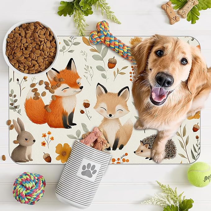 Fox Hedgehog Rabbit Forest Dog Cat Food Mat,Absorbent Pet Feeding Mat with Rubber Backing,Non-Slip Water Bowl Placemat,Indoor Pet Accessories Supplies 16"x24"