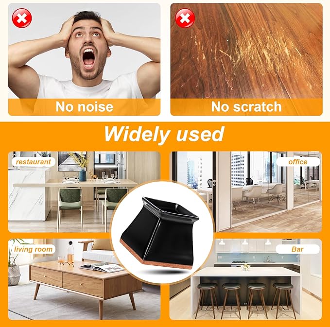 CHUNZEXI 16 Pack Square Chair Leg Floor Protectors for Hardwood Floors, Silicone Felt Covers Pads Caps, Protect Wood Furniture Feet Floors Noise Reduce and Scratch (Square Large & Black)