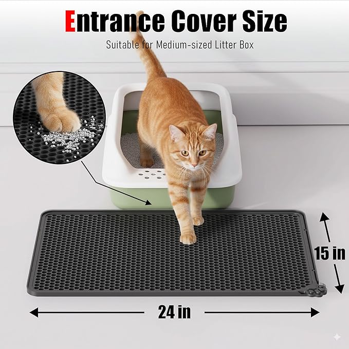 Silicone Litter Box Mat 24"x15" (Keep Floor Clean)(Easy Clean)(Anti-Crease)(Built to Last)(Non-Slip)(Double Layer Detachable)(Soft on Paws)(Claw-Proof)