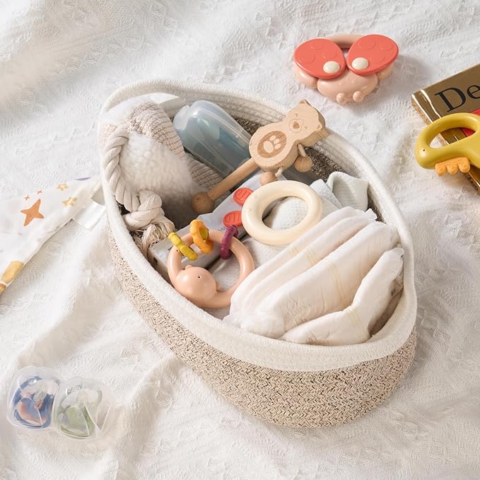 Small Woven Gift Basket Empty with Bag & Ribbon - Gifts for Mom, Baby Shower, Birthdays & Raffle - Cotton Rope Storage Basket for Dog Toys or Shelf - 12"x8"x5", White & Brown