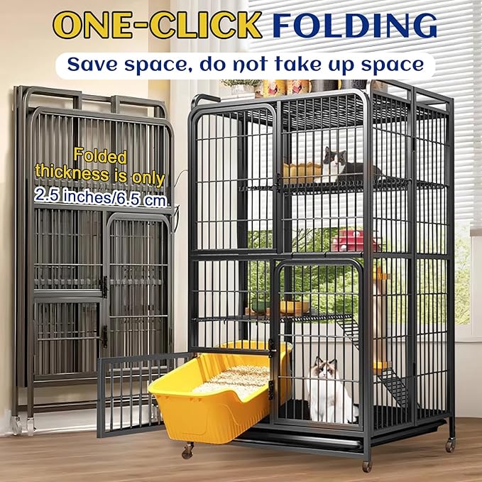 Collapsibles Cat Cages Indoor,Portable Cats Enclosures 2/3/4-Tier,Heavy-Duty Cat Playpens with Universal Wheels,Large Metal Animal cage Pet Crate No Assemblys Required (Black, 4-Tier (No Litter Box))