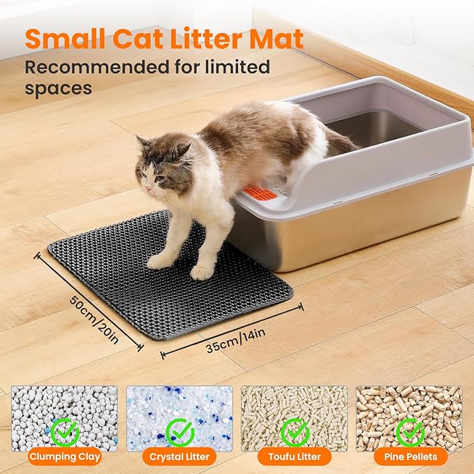 Small Cat Litter Mat, 20x14 Inches Double Layer Honeycomb Cat Litter Trapping Mat, Non Slip Waterproof Urine Proof Litter Box Mat for Floor, Kitty Litter Rug, Pet Supplies, Black