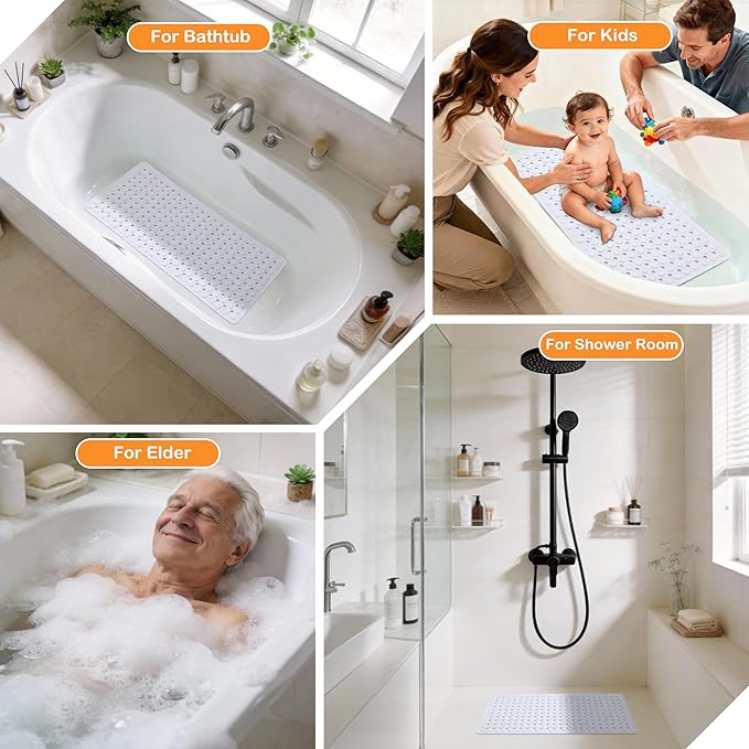 Yimobra Bath Tub Mat Non Slip, 34.5"x15.5" Long Shower Mat, Machine Washable Bathmat with Drain Holes and Suction Cups, Soft on Feet, Bathroom Essentials, White