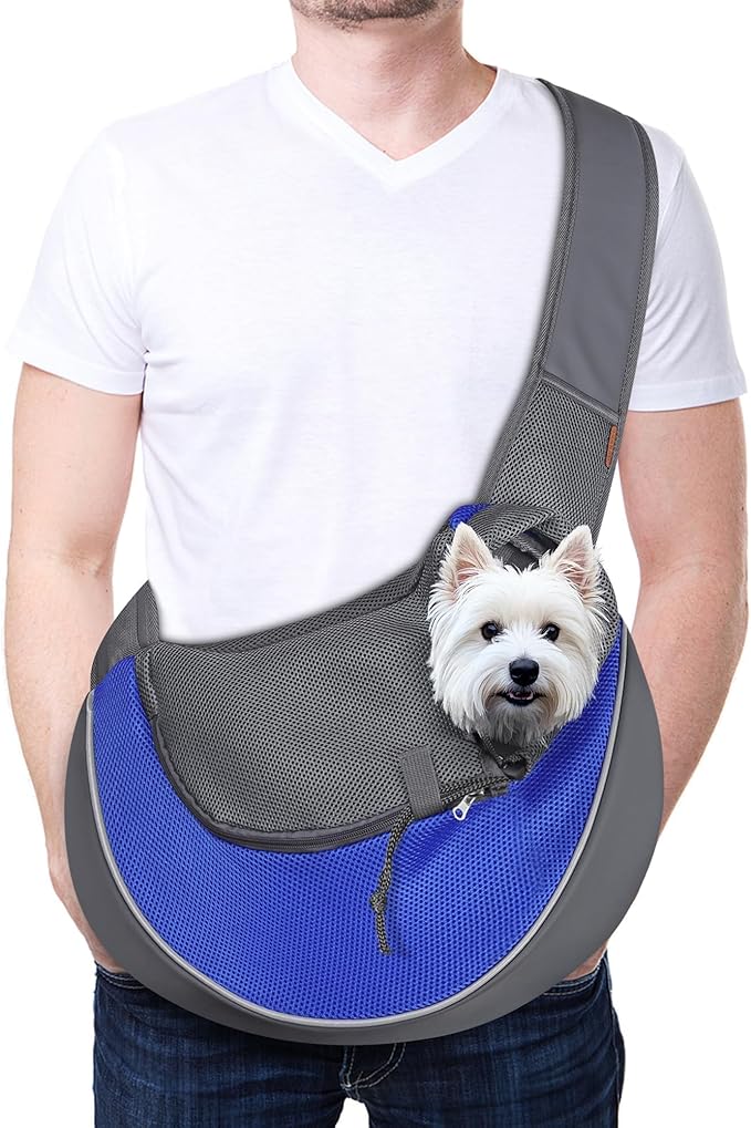 YUDODO Pet Sling Carrier for 10-15 lbs Small Dogs & Cats – Hands-Free Puppy Carrier with Safety Hook, Large Zipper Pocket, Soft Breathable Mesh, Adjustable Strap & Reflective Strip (Blue 1.0 L)