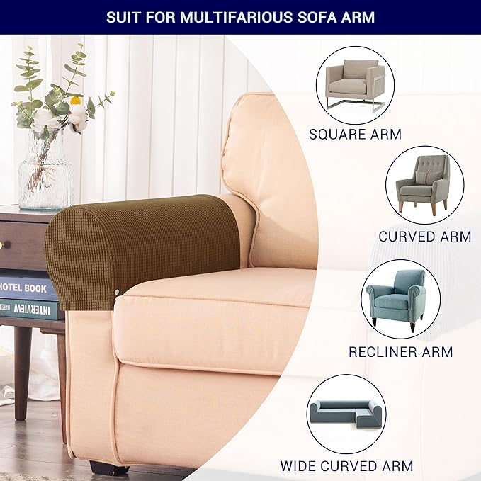 SUBRTEX Stretch Couch Arm Covers Set of 2, Checkered Sofa Arm Slipcovers, Anti-Slip Armrest Covers for Recliner and Armchairs, Pet Proof, High Stretchy, Hook & Loop Tape, Coffee