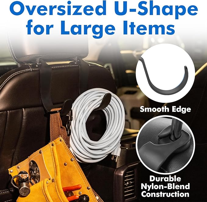XL Headrest Hooks for Car, Heavy-Duty Car Seat Hooks for Backseat Purses, Bags & Groceries, Universal Headrest Organizer, Hard Hat Hanger for Truck, 2Pack