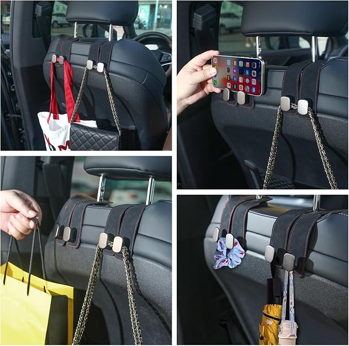 2Pcs Car Hooks for Headrest, Car Seat Hooks Purse Hook, Double Flexible Leather Hooks Car Accessories Interior for Women Men, 2 in 1 Back Seat Hook Car Organizer for Bags, Purses, Handbags (Black)