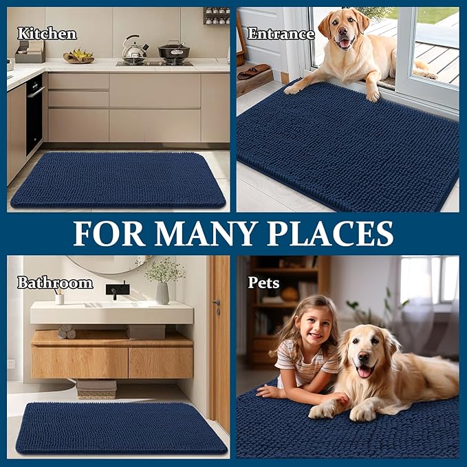 OLANLY Dog Door Mat for Muddy Paws 50x30, Absorbs Moisture and Dirt, Absorbent Non-Slip Washable Doormat, Quick Dry Chenille Mud Mat for Dogs, Entry Indoor Entryway Carpet for Inside Floor, Dark Blue