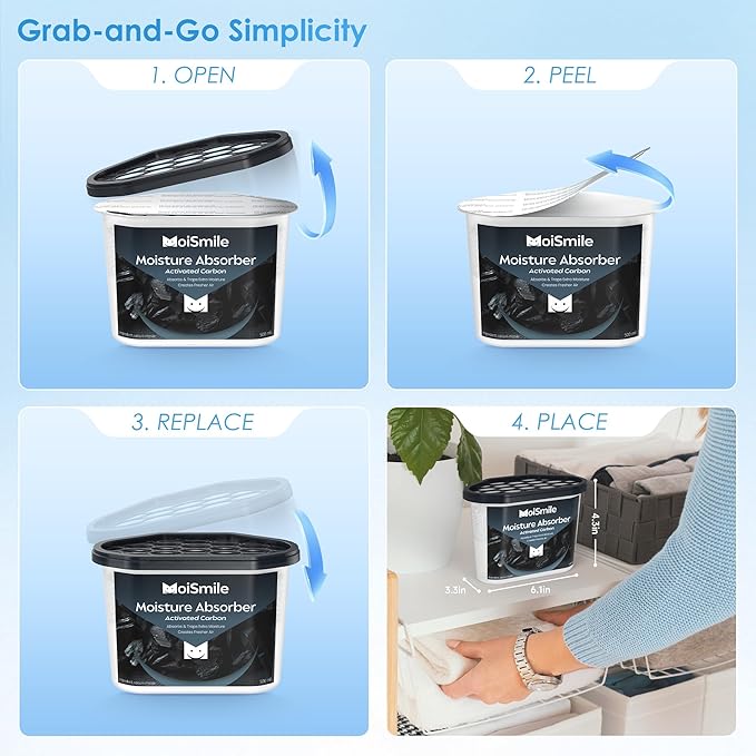 Moisture Absorbers 6 Pack, Activated Carbonfor Closet Dehumidifier Moisture Absorbers, 10.5 oz Refillable Humidity Absorber Boxes for Closet, Car & Basement