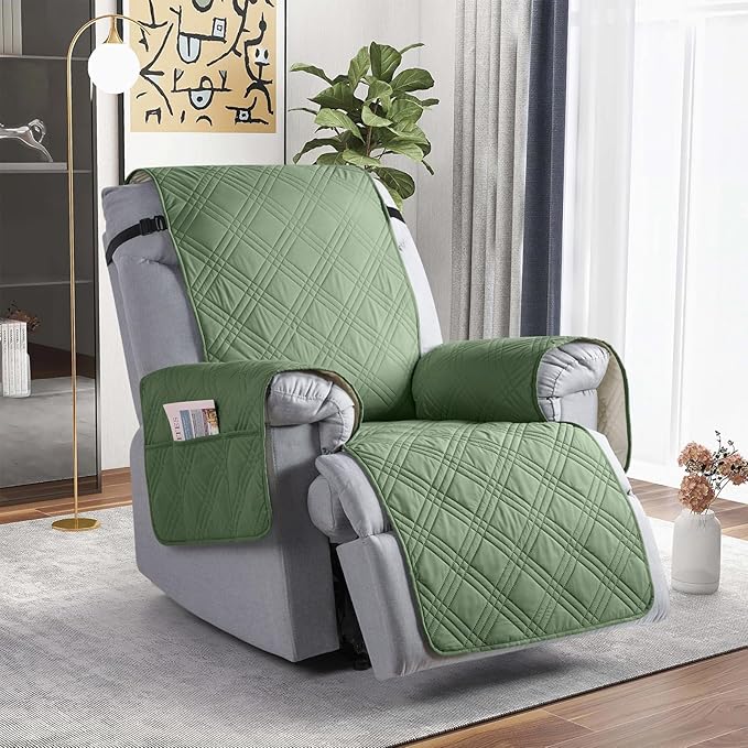 TAOCOCO Waterproof Recliner Chair Covers 30 Inch Wide, Oversized Recliner Covers for Recliner Chair with Pocket, Recliner Slipcovers with Straps Furniture Protector for Kids Pets (30'', Bean Green)