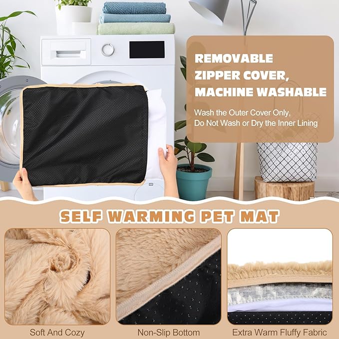 3 Pack Khaki Self Warming Cat Bed Indoor 16''x24'' Self Heating Cat Mat Ultra Soft Thermal Kitten Bed Heated Pet Dog Pad Washable Removable for Outdoor Use Non Slip Reflect Body Heat