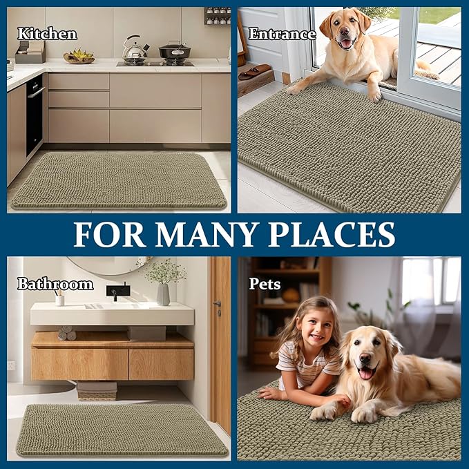 OLANLY Dog Door Mat for Muddy Paws 35x24, Absorbs Moisture and Dirt, Absorbent Non-Slip Washable Doormat, Quick Dry Chenille Mud Mat, Entry Indoor Entryway Carpet for Inside Floor, Warm Taupe