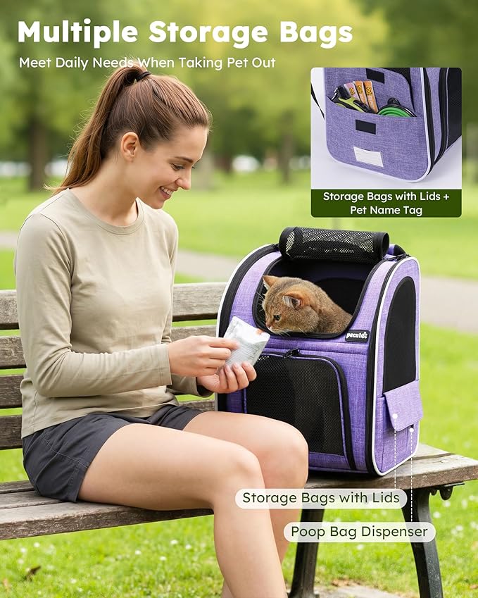 Pecute Cat Backpack Carrier Expandable, Pet Backpack for Cats & Small Dogs Up to 11lbs, with 4-Side Breathable Mesh, Multi-Entry & Lockable Zippers for Travel, Hiking, Camping - Hands Free, Purple