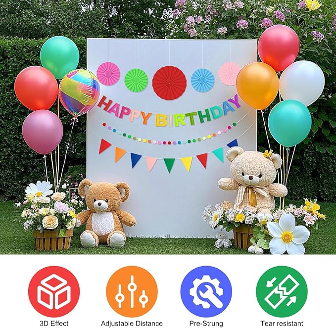 Pre-Strung 3D Felt Happy Birthday Banner, Reusable Rainbow Birthday Party Decorations for Kids Adults, Happy birthday Sign with Felt Ball Garland, Pennant Flag, Hanging Paper Fans