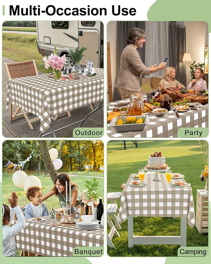 Smiry 8 Packs Gingham Disposable Table Cloth, 54 x 108 Inch Waterproof Plastic Tablecloth, Rectangle Khaki and White Checkered Table Covers for Outdoor, Birthday, Party