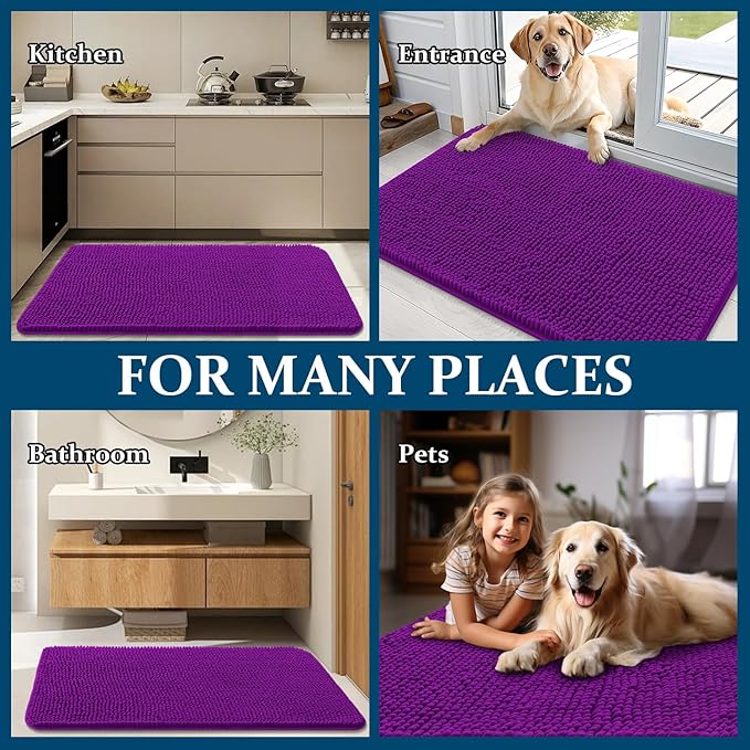 OLANLY Dog Door Mat for Muddy Paws 30x20, Absorbs Moisture and Dirt, Absorbent Non-Slip Washable Doormat, Quick Dry Chenille Mud Mat for Dogs, Entry Indoor Entryway Carpet for Inside Floor, Purple