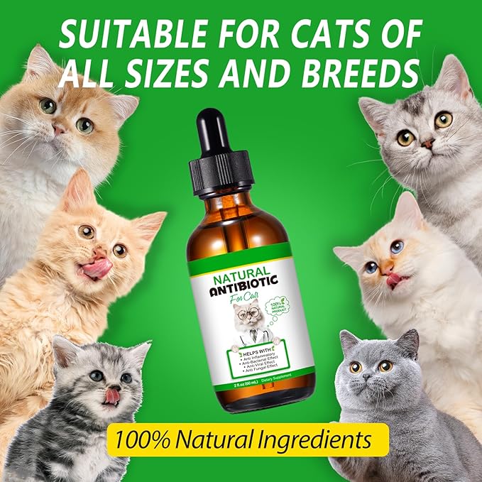 Antibiotics for Cats Supports Immune & Allergy Relief 60ml, Natural Cat Antibiotics Liquid Drops - Fast Absorption, Digestive Aid, Urinary Tract, Skin, Ear & Dental Infection.