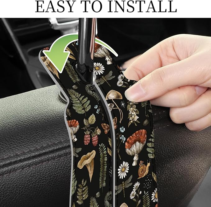 PU Leather Car Seat Hook, Storage Headrest Hanger, Cute Car Backseat Organizer, Car Hooks for Purses and Bags Mushroom Forest