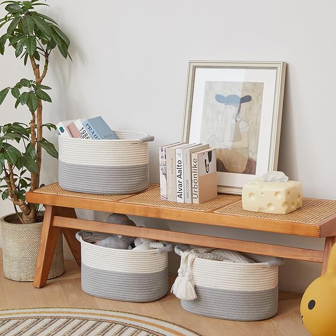 Storage Baskets for Organizing | 15"x10.2"x9.1" - 1 Pack Nursery Bin with Handles - Woven Cotton Rope Baskets for Dog Toys, Books, Shelf, Bathroom,Closet -Stylish Storage |White & Grey