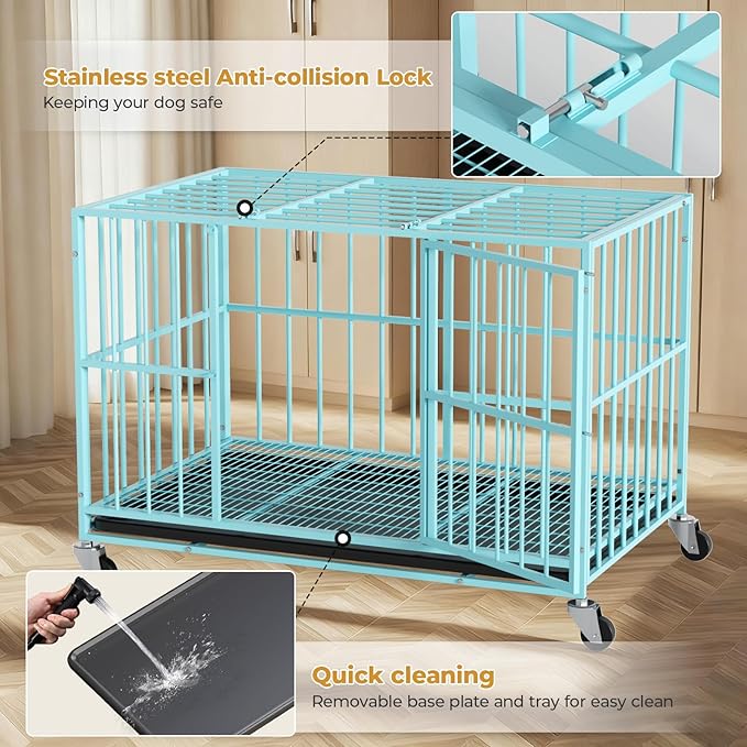 48 in Blue Heavy Duty Dog Crate Steel Escape Proof, Indoor Double Doors and Lockable Wheels,Removable Tray, for Extra Dog Breeds,XL,XXL