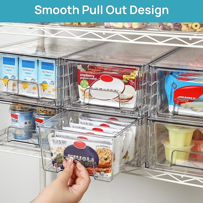 Vtopmart 4 Pack Stackable Storage Drawers,Clear Acrylic Drawer Organizers with Handles, Easily Assemble for Fridge, Bathroom,Kitchen Undersink,Cabinet,Pantry Organization and Storage
