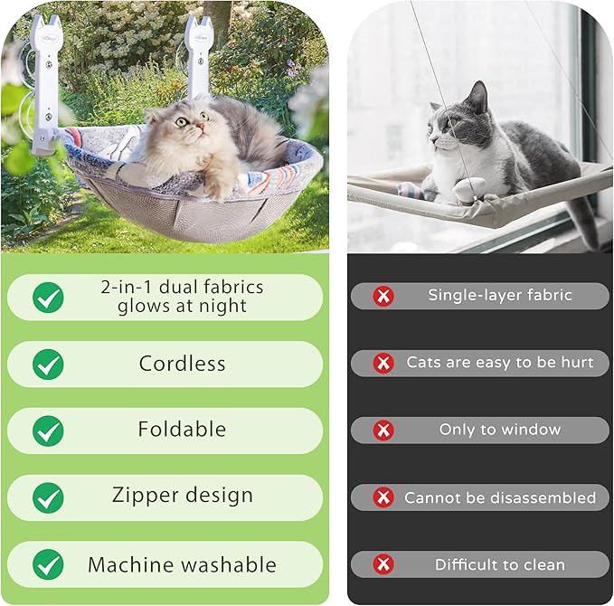 HiPetpy Cat Window Perch, Glow in The Dark Foldable Cat Hammock with Sunken Design & Removable Soft Cover, Breathable Cordless Window Bed for Resting Indoor Kitten (Grey Deep Perch, Medium)