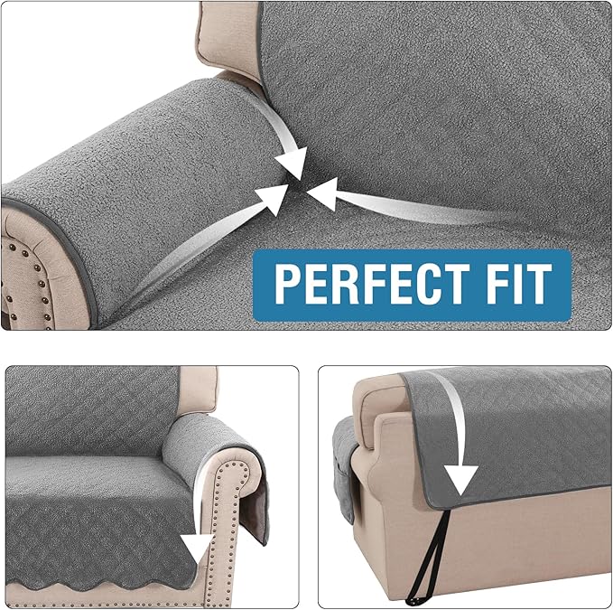 H.VERSAILTEX Waterproof Quilted Couch Covers Non Slip Sofa Covers Protector Slipcovers for Dogs Couch Covers for 2 Cushion Couch Sofa Pet Furniture Protector Modern Fleece Fabric (Loveseat,Grey)