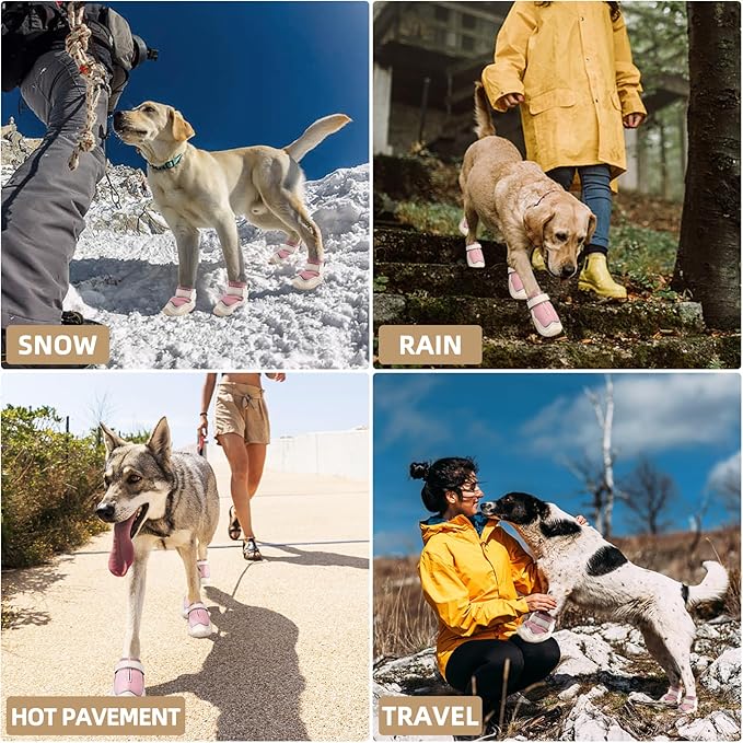 Hcpet Dog Boots for Large Dogs, Dog Shoes for Hot Pavement Winter Snow, Paw Protector Dog Booties Designed for Comfort and Breathability, Outdoor Booties for Small Medium Dogs for Hiking Pink Size 1