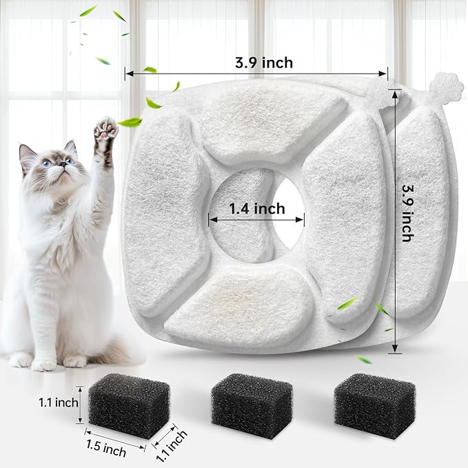 16 Pcs Cat Water Fountain Replacement Filters-8 Pack Cat Fountain Filters with 8 Pack Sponges, Enhanced Compatibility Pet Fountain Filter Fit for 95oz/2.8L 135oz/4L 67oz/2L Pet Drinking Fountain